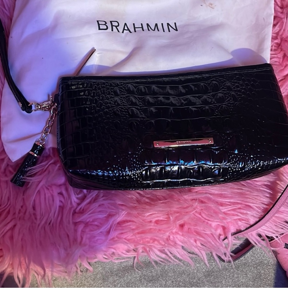Brahmin Black Crocodile Embossed Clutch with Metallic Accent
